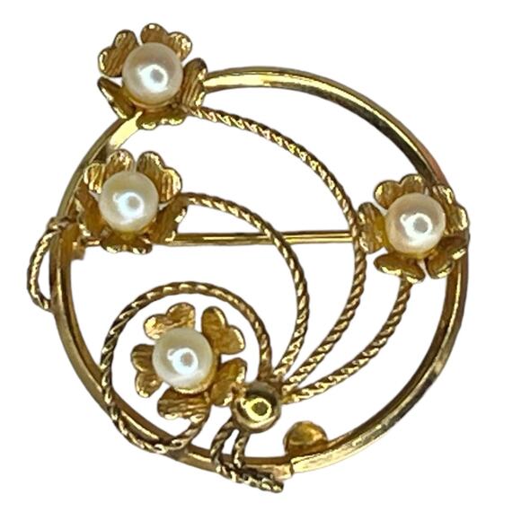 Vintage 120 12k Gold Flower & Faux Pearl BROOCH 1.5" Pin /Pendant Bouquet Spiral